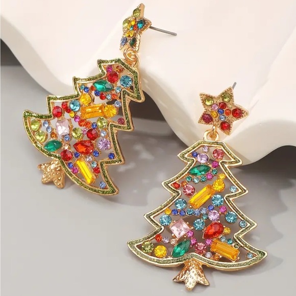 Jewelry - 14K Gold Plated Crystal Christmas Tree Earrings